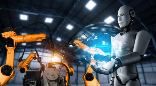 智能概念用于工厂生产装配的机械化工业器人和械臂白色的物联网互图片